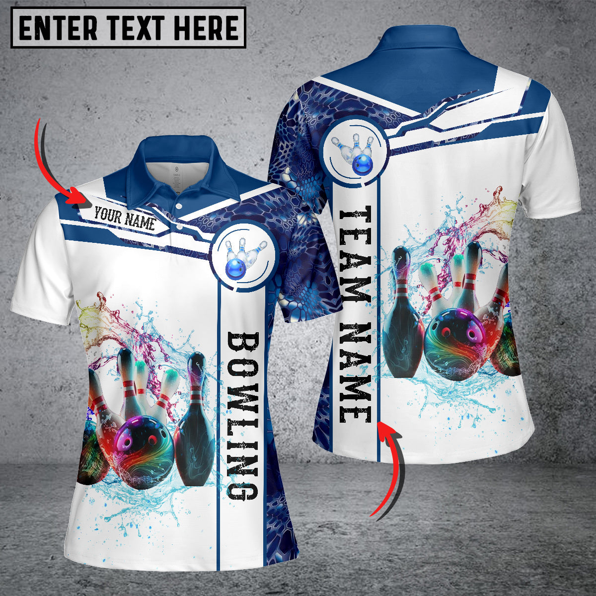 Frenzideas Blue And White Bowling Water Ball And Pins Customized Name 3D Shirt For Women