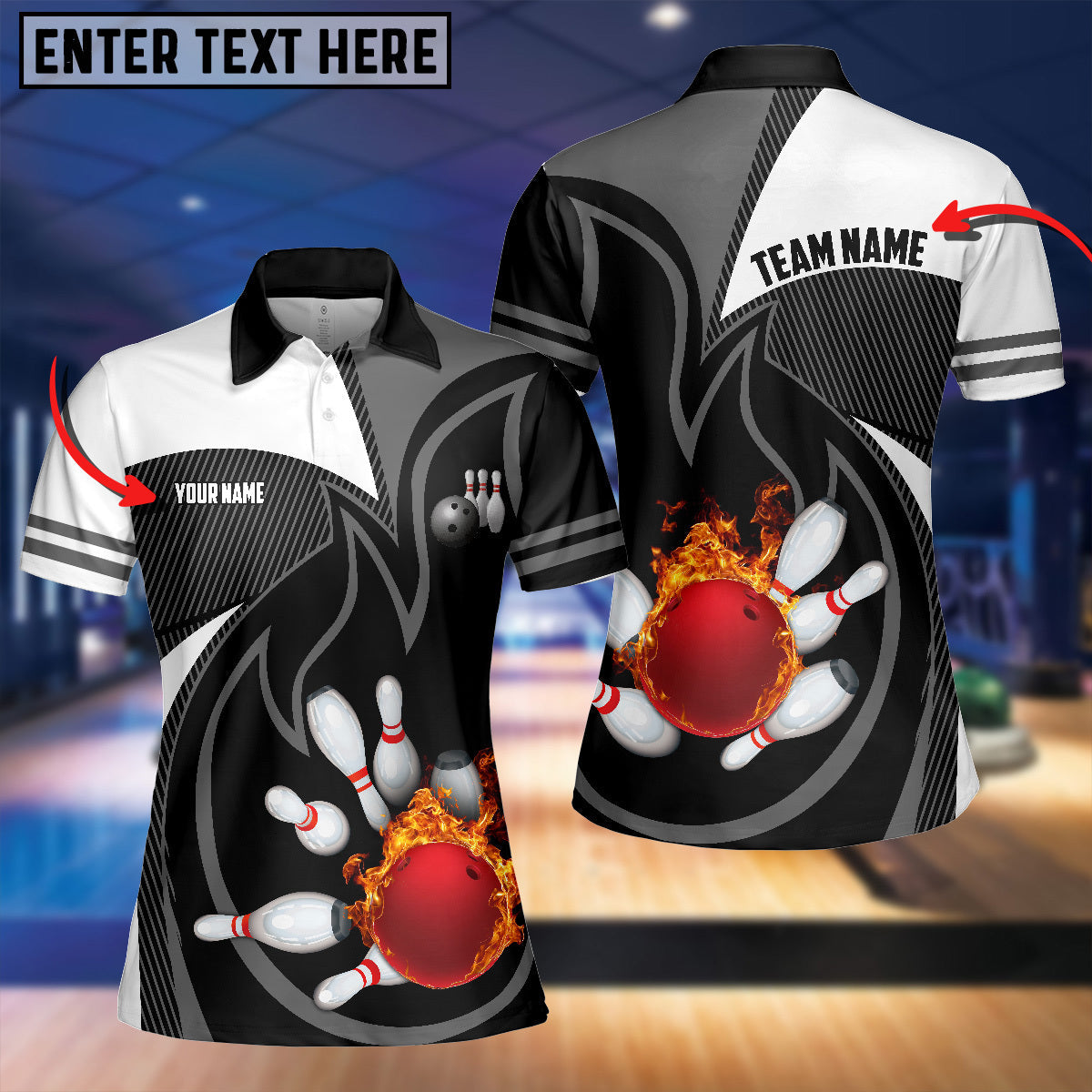 Frenzidea Black Bowling Fire Pattern Premium Customized Name 3D Shirt For Women