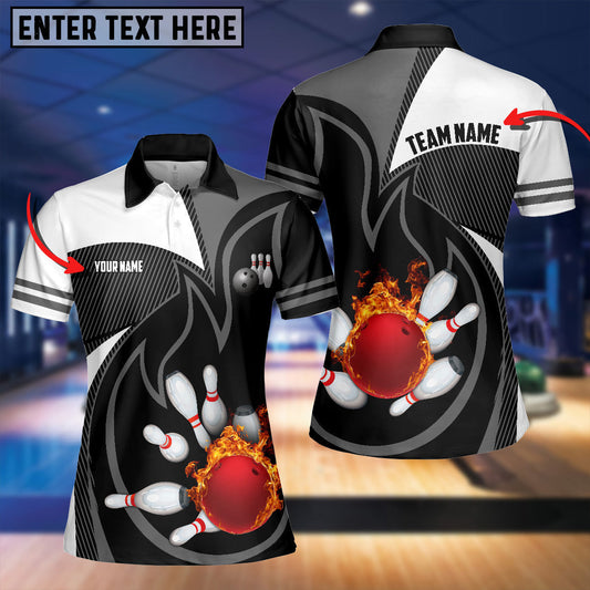 Frenzidea Black Bowling Fire Pattern Premium Customized Name 3D Shirt For Women
