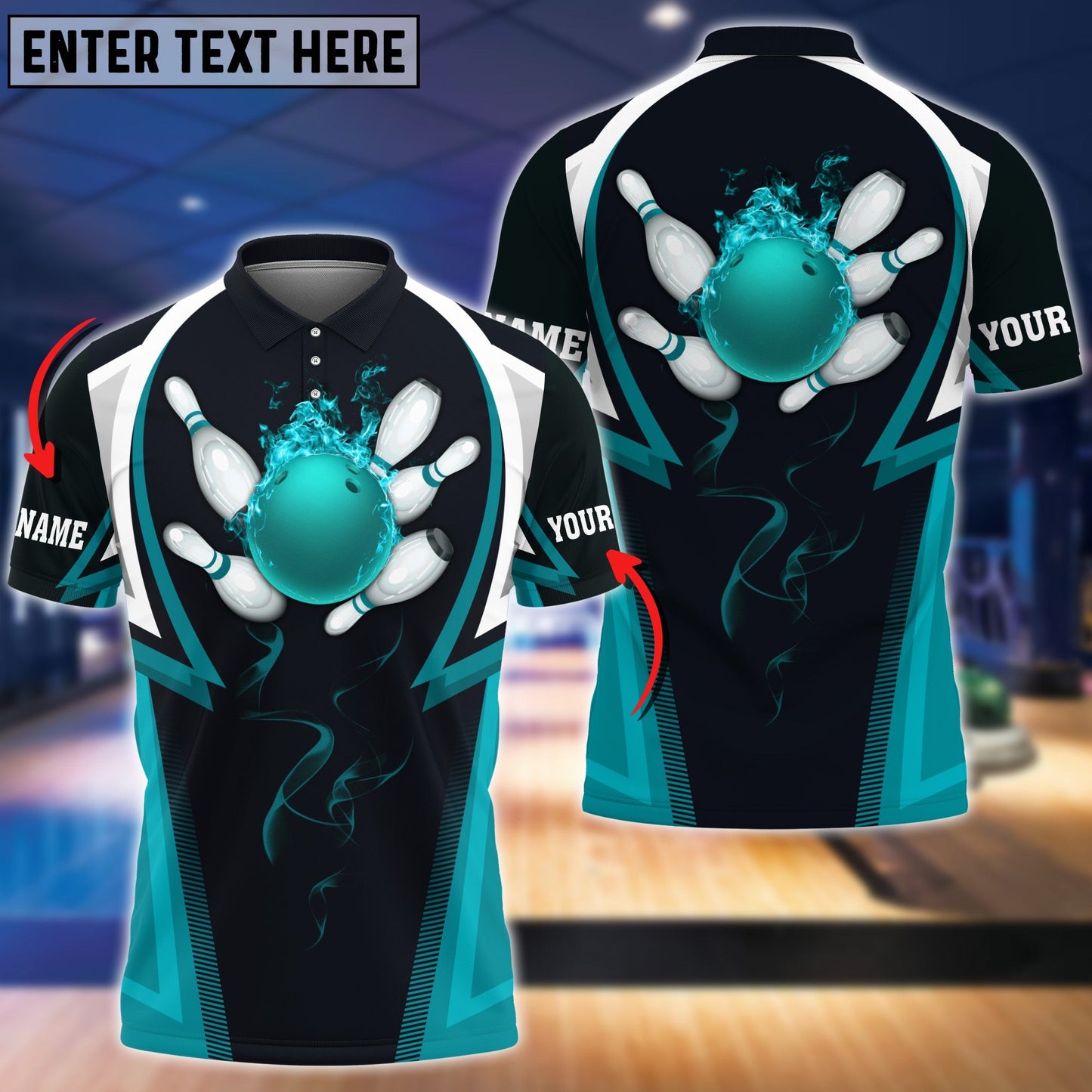Frenzidea Cyan Flame Bowling Ball Premium Customized Name 3D Shirt