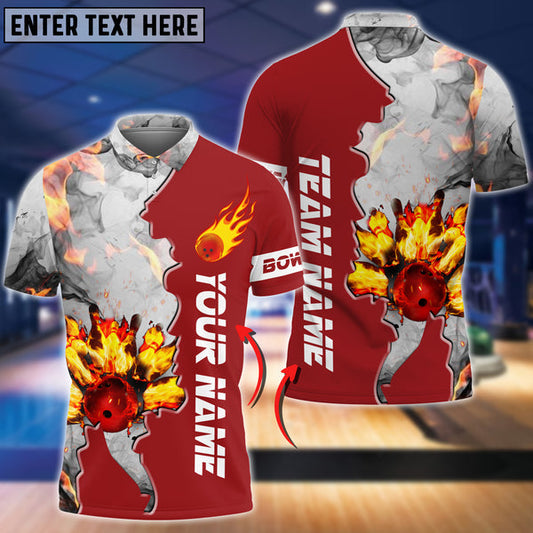 Frenzidea Red Bowling Ball And Pins Flame Grey Smoke Pattern Premium Customized Name 3D Shirt