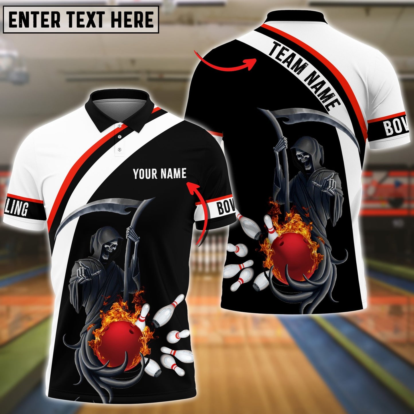 Frenzidea Red Bowling Ball Black And White Skull Pattern Premium Customized Name 3D Shirt