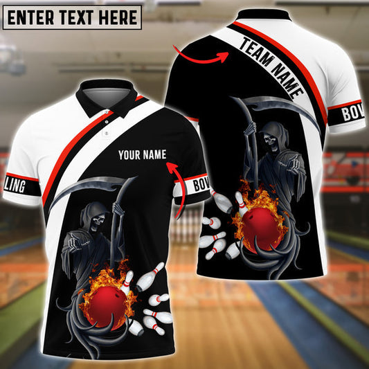Frenzidea Red Bowling Ball Black And White Skull Pattern Premium Customized Name 3D Shirt