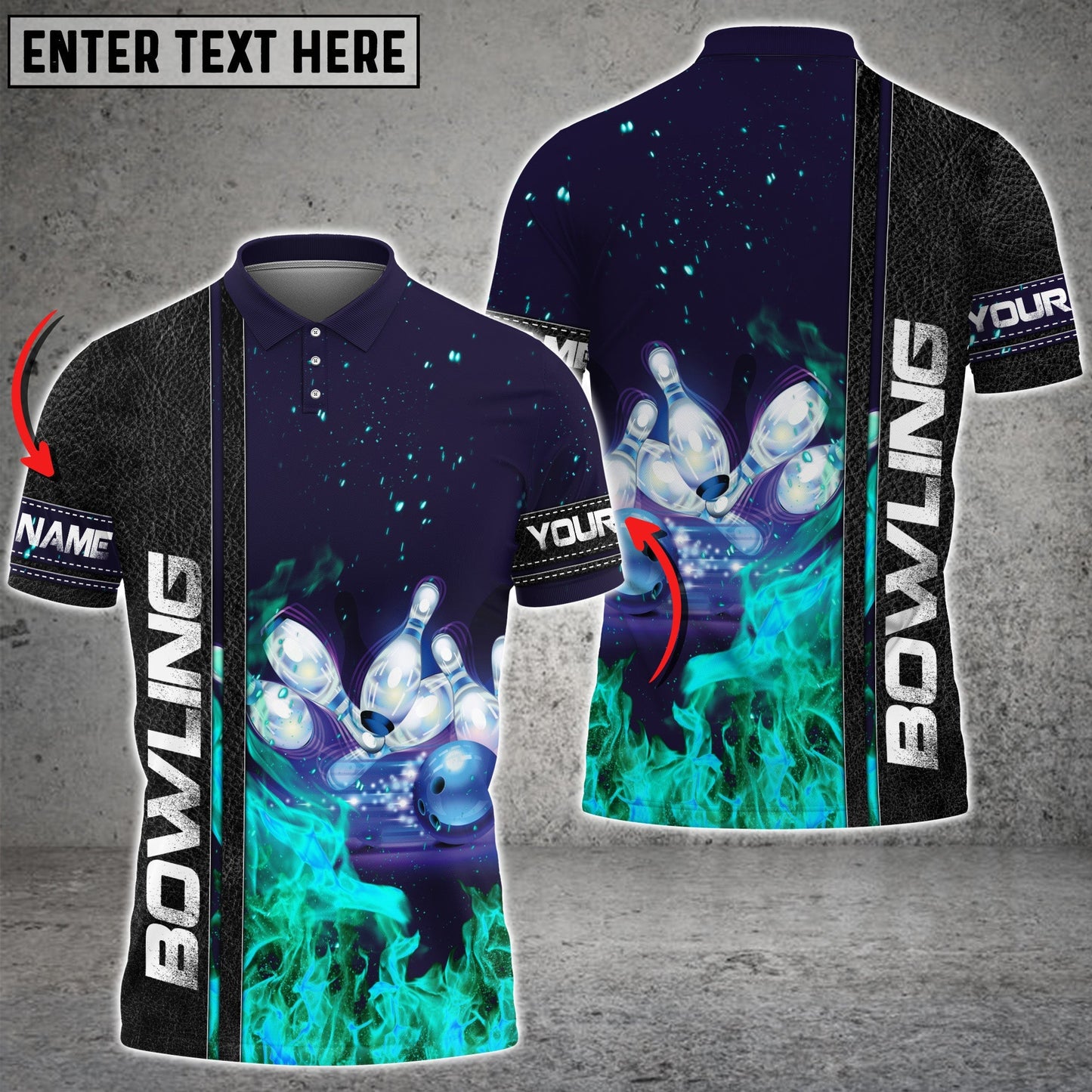Frenzideas Dark Blue Bowling Cyan Flame Customized All Over Printed Shirt