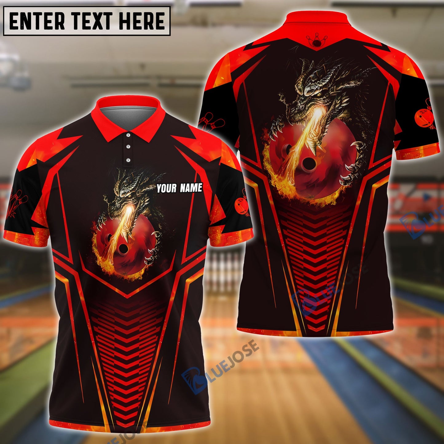 Frenzideas Bowling Dragon Fire Flame Customized Name All Over Printed Shirt