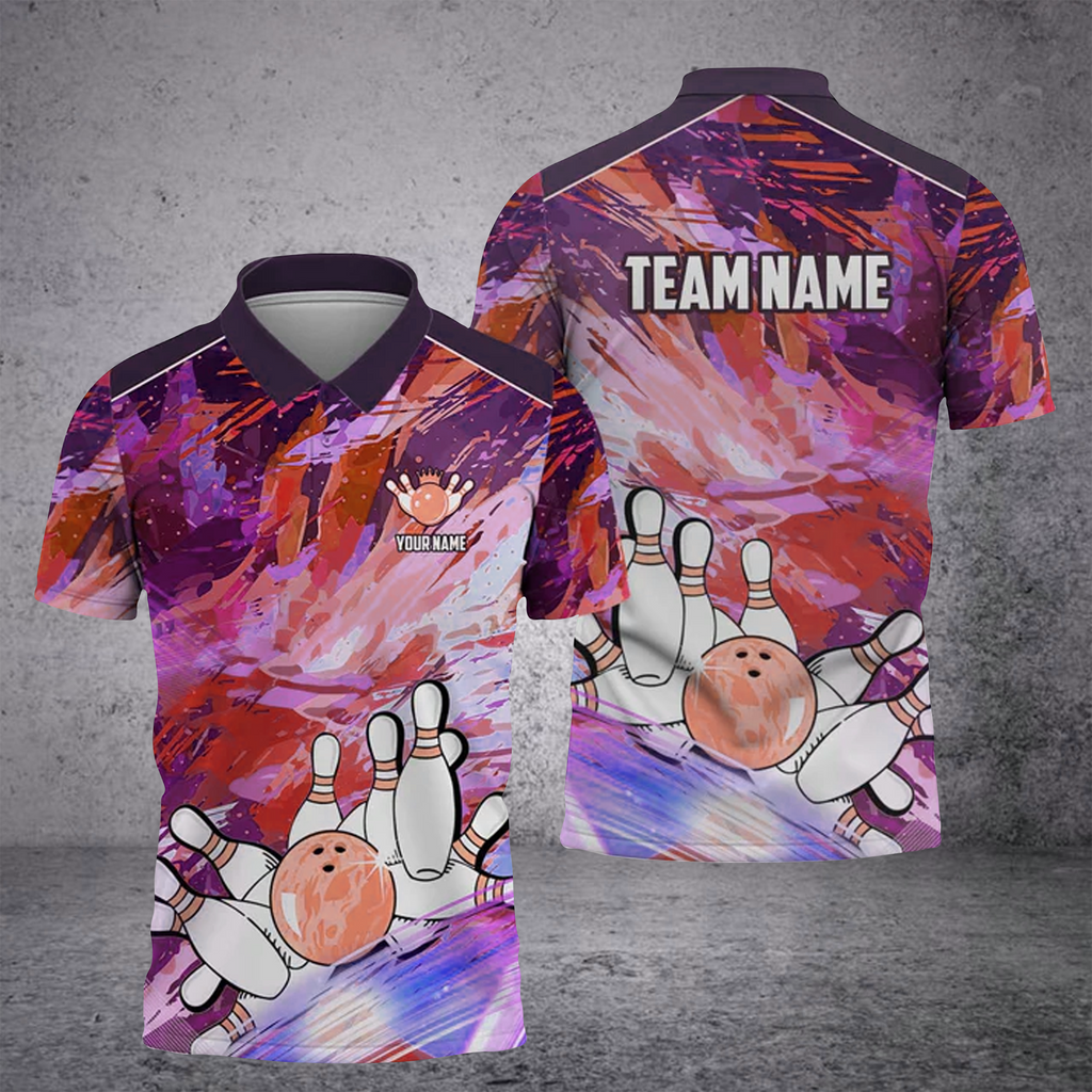 Frenzideas Bowling And Pins Art Of Painting Multicolor Customized Name 3D Shirt ( 4 Colors )