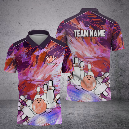 Frenzideas Bowling And Pins Art Of Painting Multicolor Customized Name 3D Shirt ( 4 Colors )