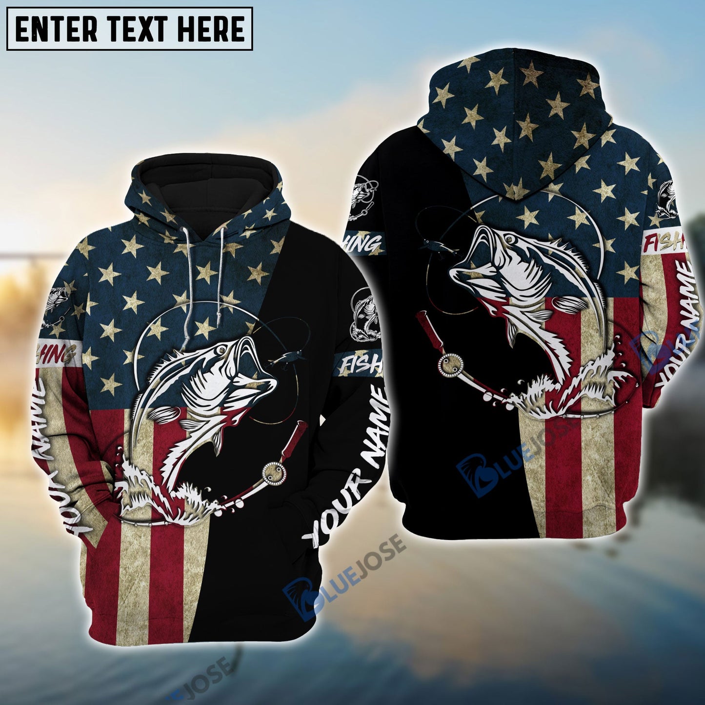 frenzidea Personalized Bass Fishing American Flag Personalized Name 3D Hoodie