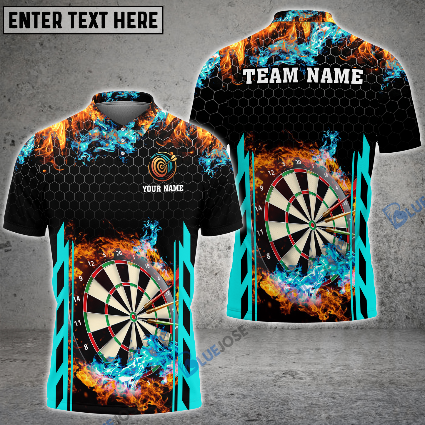 Frenzidea Red and Blur Fire Dart Board Personalized Name, Team Name 3D Shirt (6 Colors)