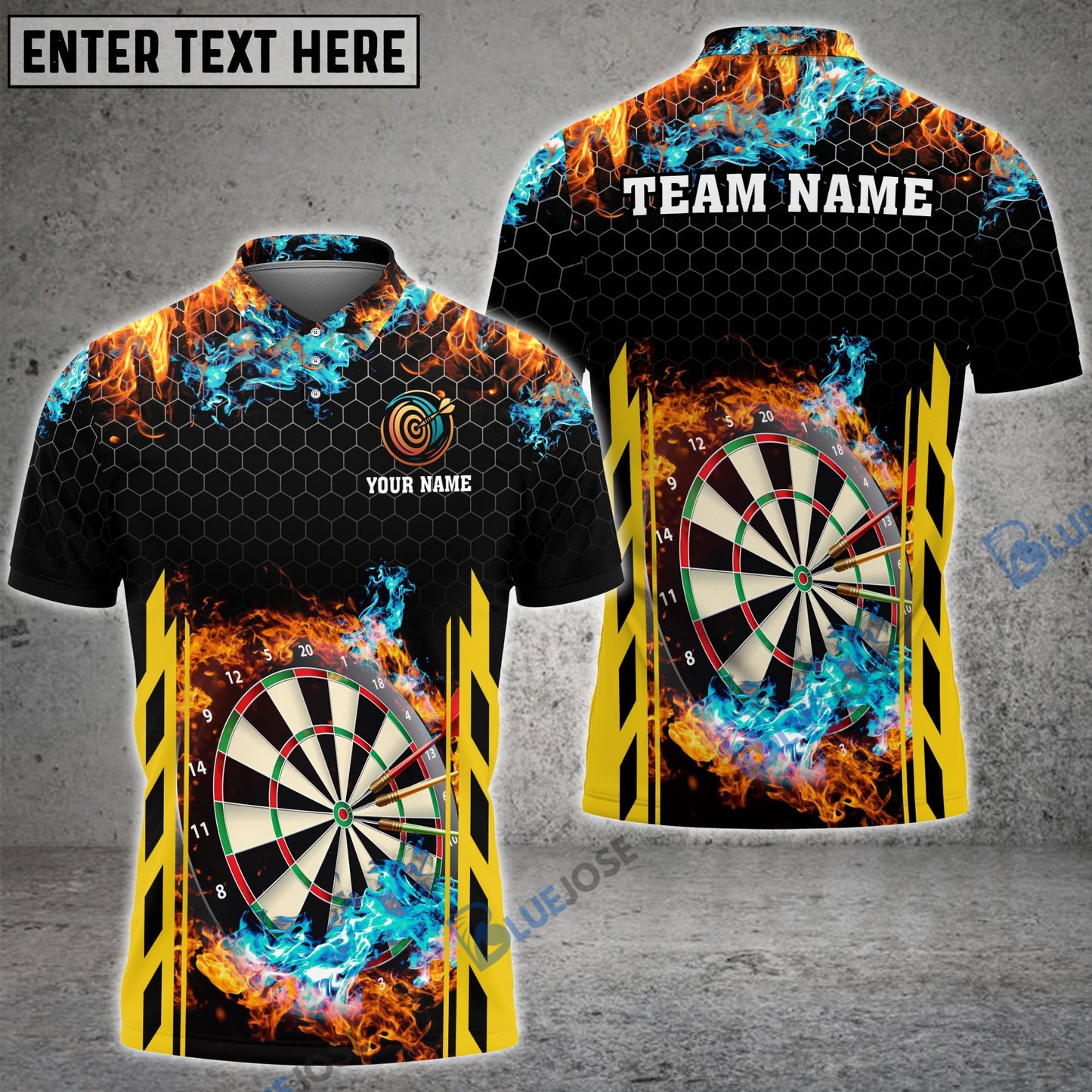 Frenzidea Red and Blur Fire Dart Board Personalized Name, Team Name 3D Shirt (6 Colors)