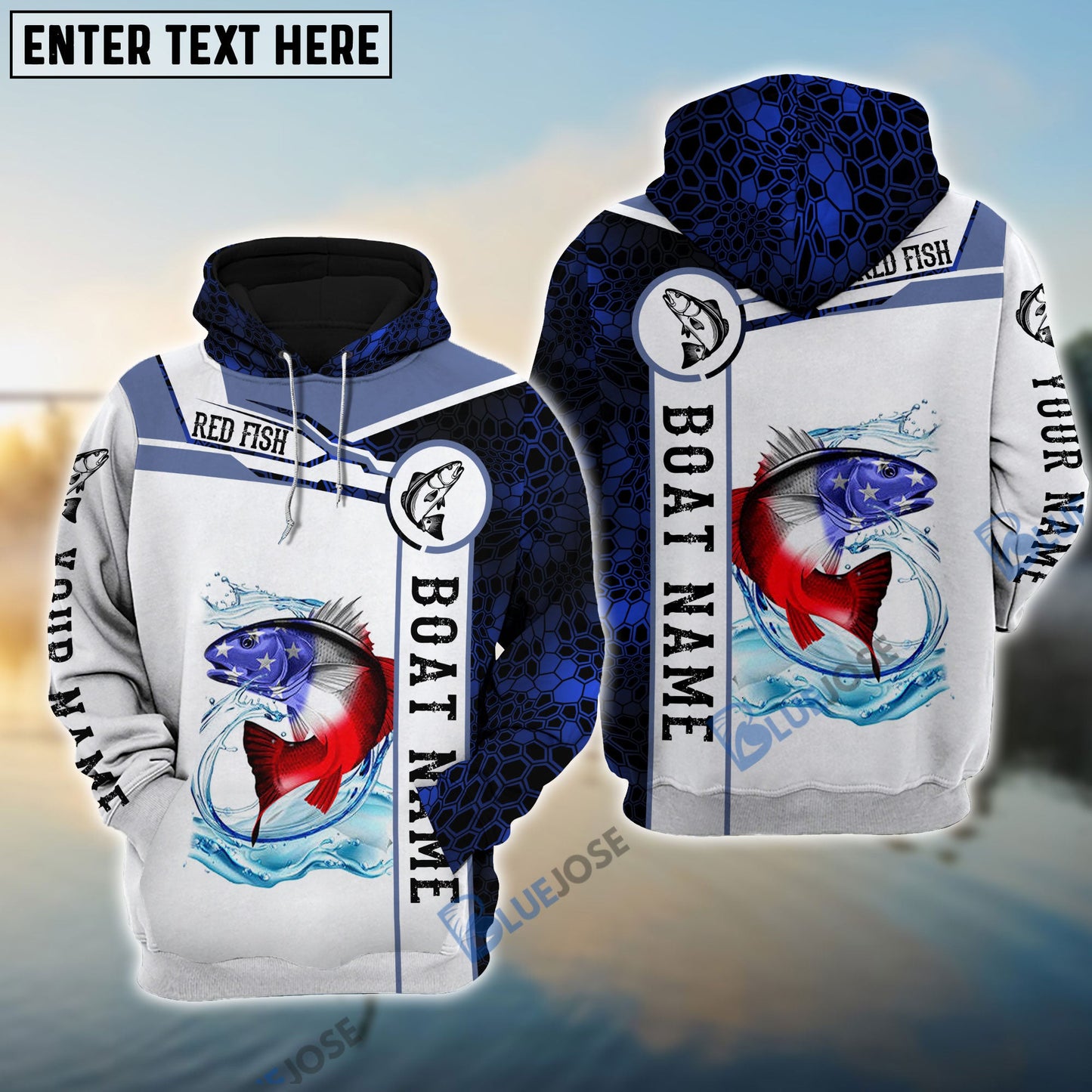 frenzidea Redfish Fishing Blue Camo American Flag Custom Name & Boat Name 3D Hoodie