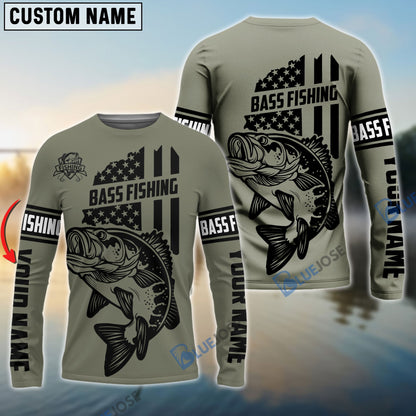 Frenzidea Bass Hunter Fishing American Flag Custom    Long Sleeve Fishing Shirts