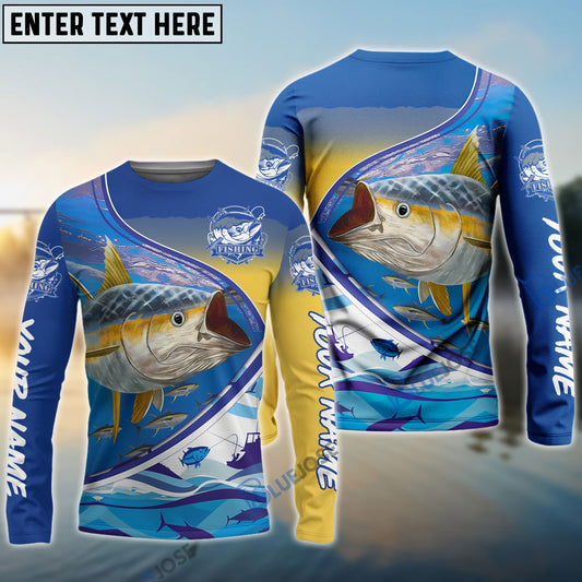 Frenzidea Personalized Tuna Fishing Scales Blue Camo Long Sleeve Fishing Shirts, Tuna Saltwater Fishing