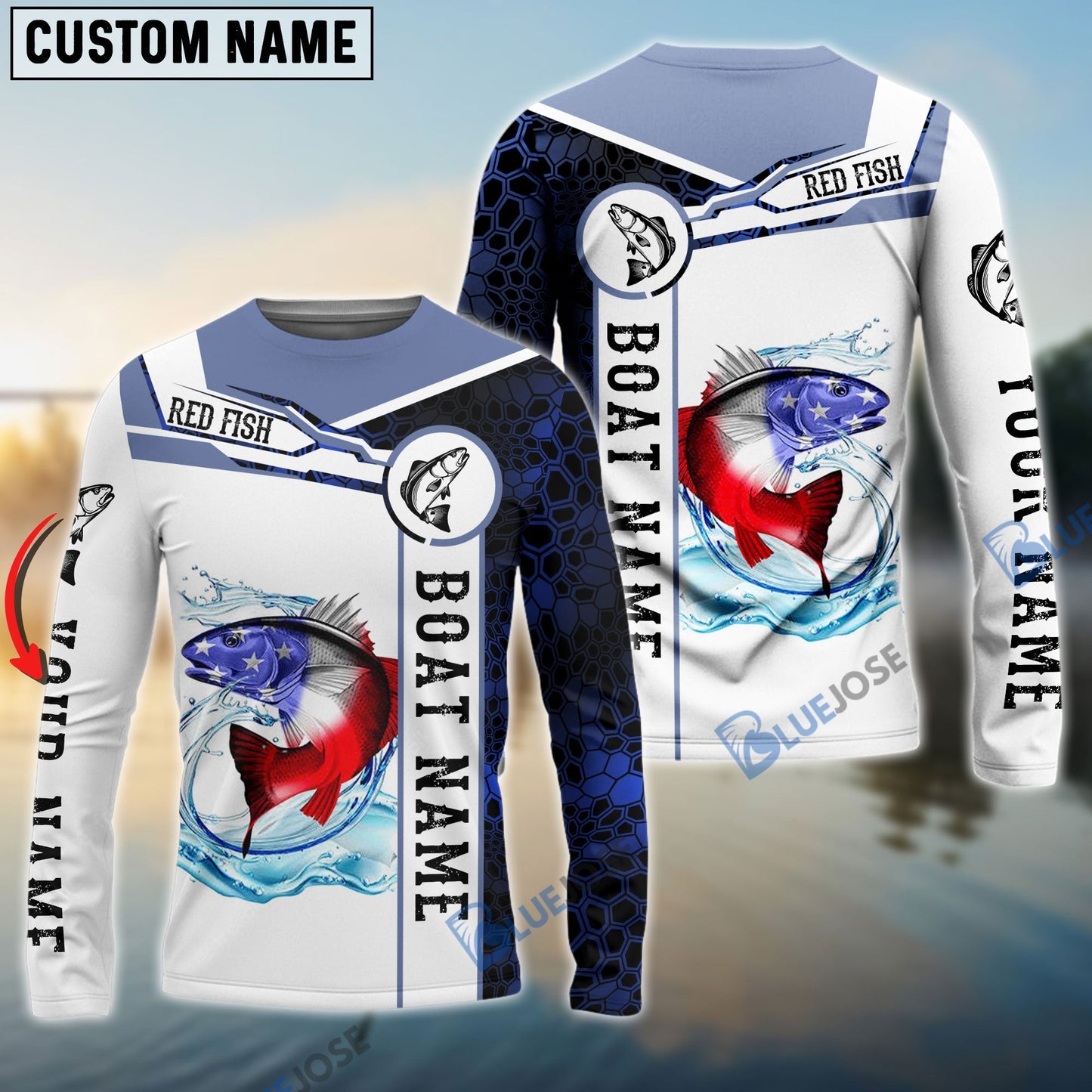 frenzidea Redfish Fishing Blue Camo American Flag Custom Name & Boat Name 3D Hoodie
