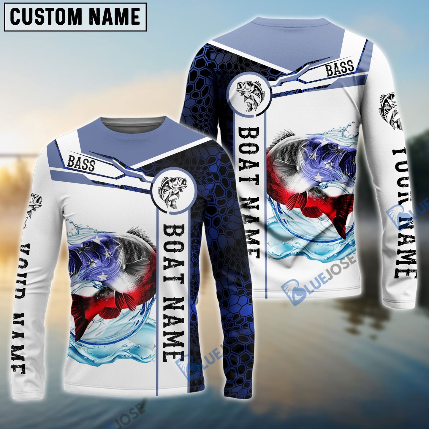 Frenzidea Bass Fishing Blue Camo American Flag Custom Name & Boat Name 3D Shirts