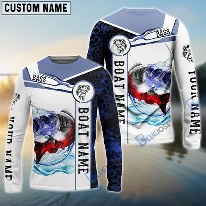 Frenzidea Bass Fishing Blue Camo American Flag Custom Name & Boat Name 3D Shirts