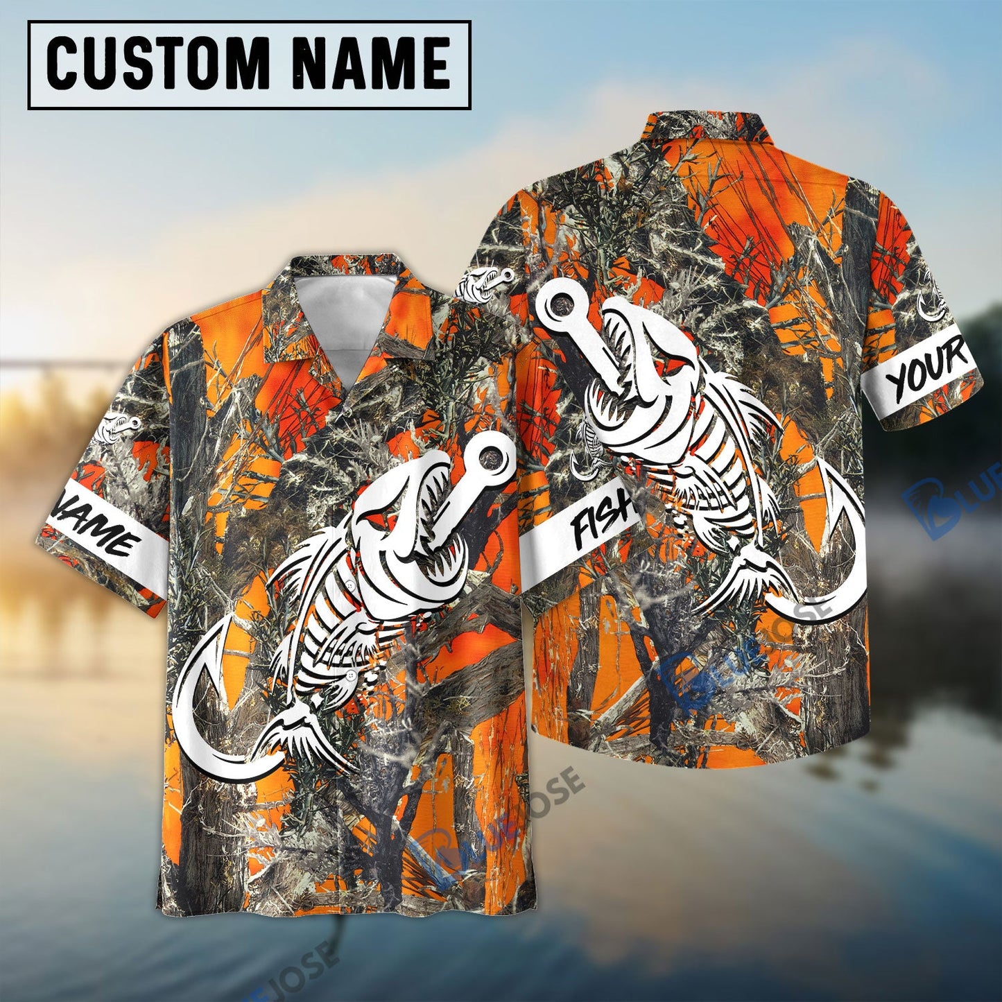 Frenzidea Orange Camo Fish Hook Skull Custom Name 3D Shirt