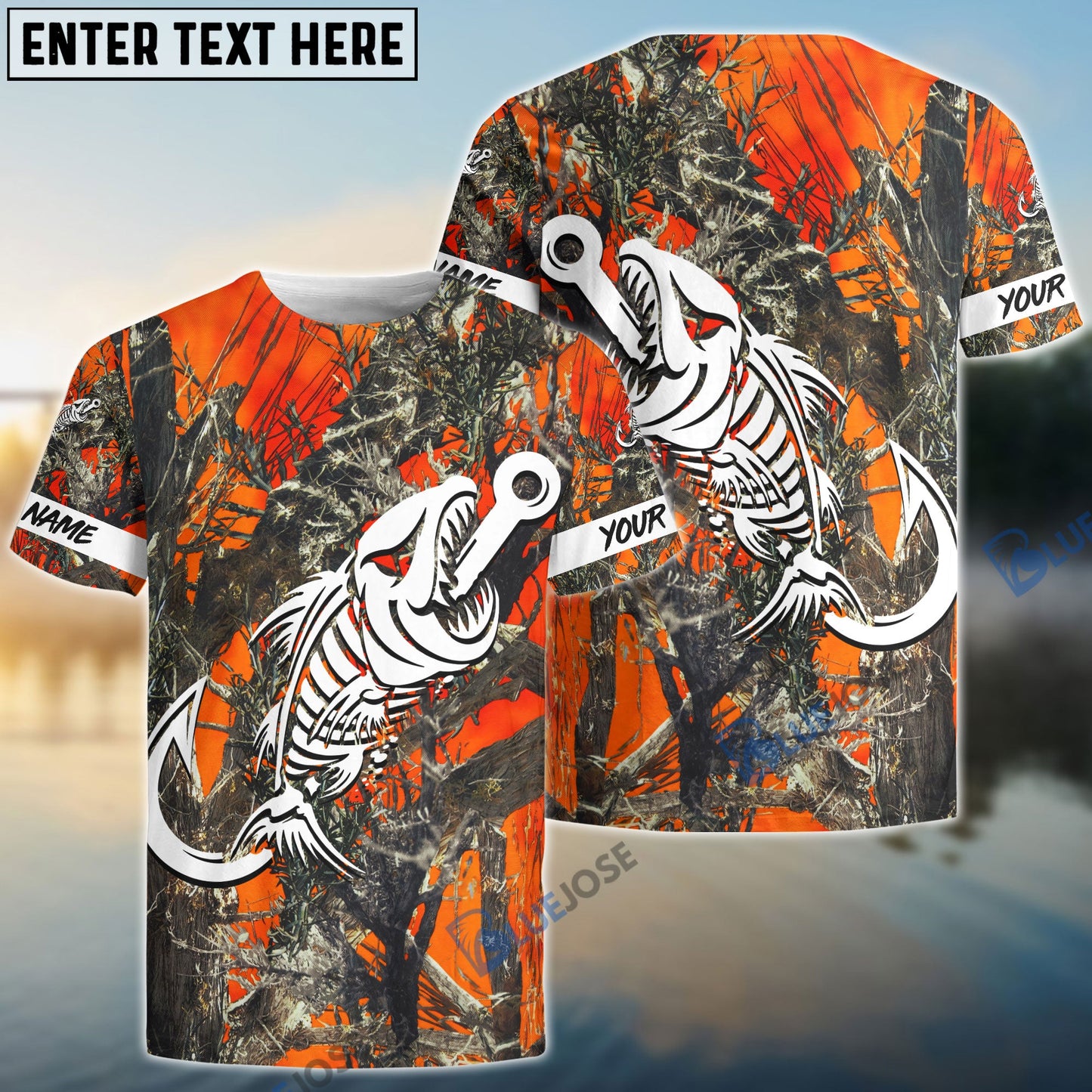 Frenzidea Orange Camo Fish Hook Skull Custom Name Long Sleeve