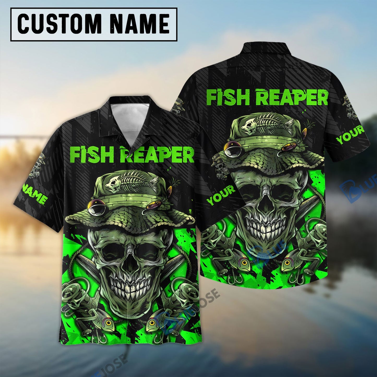Frenzidea Halloween Fish Reaper Skull Black And Neon Green Custom Fishing 3D Shirt