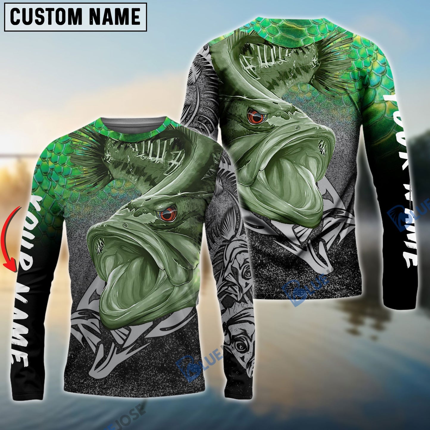 Frenzidea Largemouth Bass Reaper Fish Skeleton Custom Name Fishing Shirt