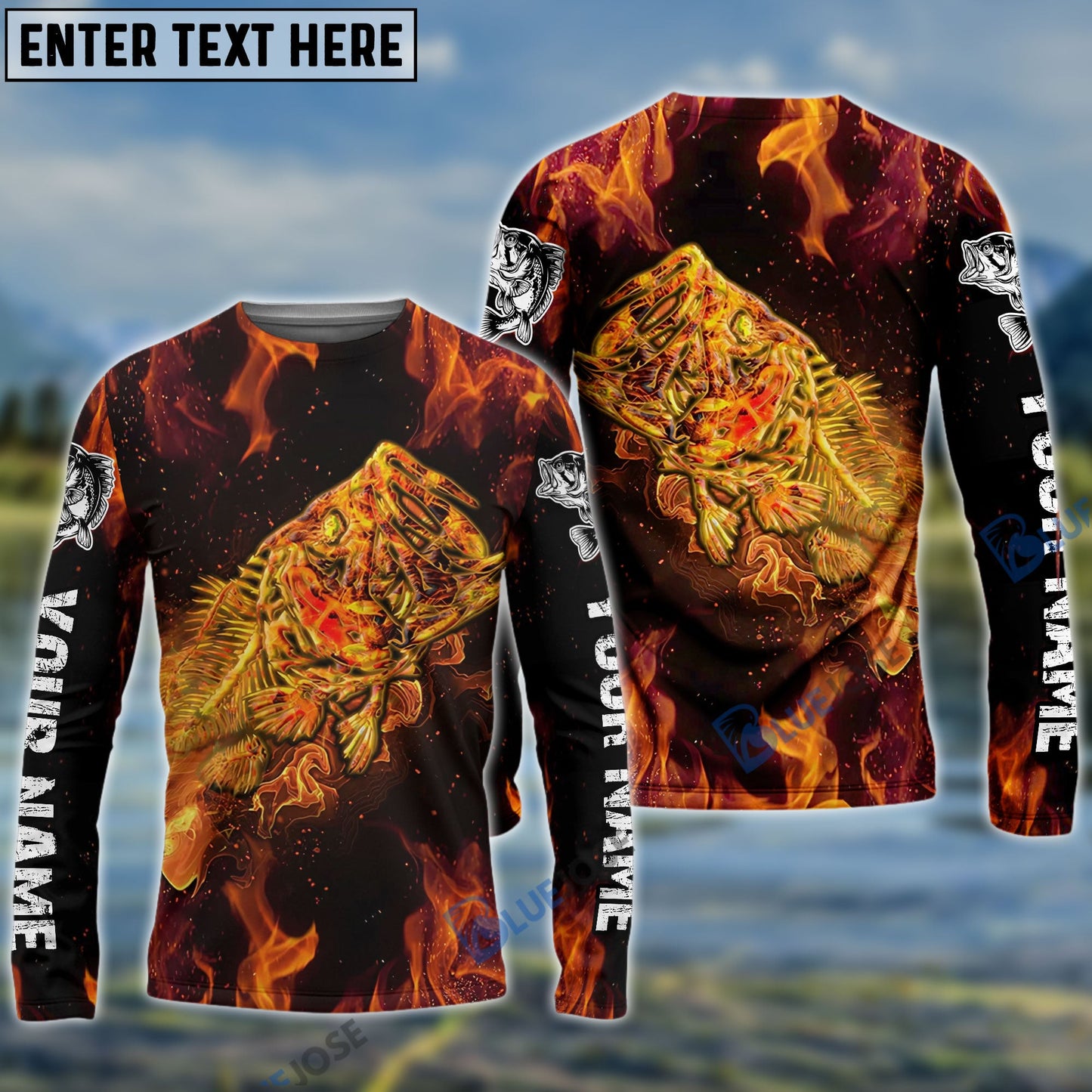 Frenzidea Halloween Largemouth Bass Skull On Fire Custom Long Sleeve Fishing Shirts