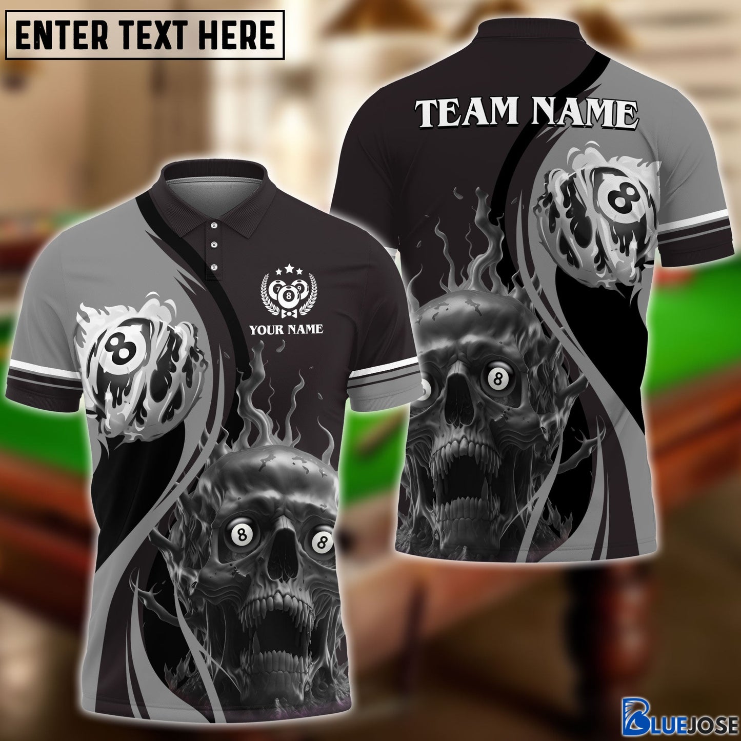Frenzidea Billiards Skull Fire Personalized Name, Team Name Unisex Shirt