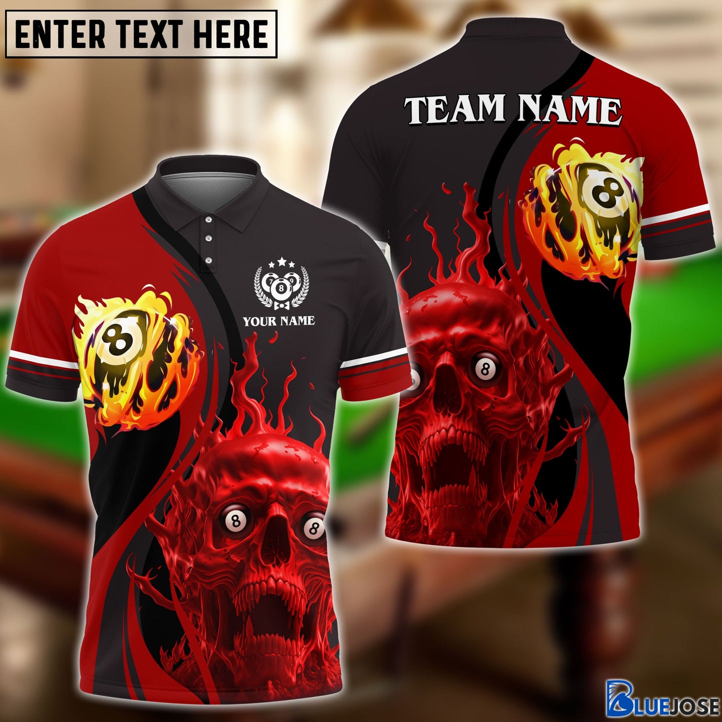 Frenzidea Billiards Skull Fire Personalized Name, Team Name Unisex Shirt
