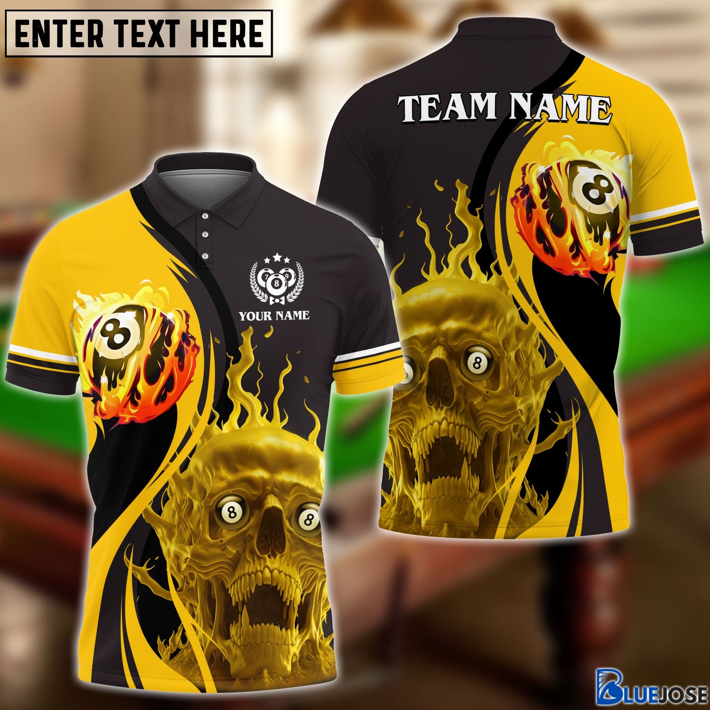 Frenzidea Billiards Skull Fire Personalized Name, Team Name Unisex Shirt