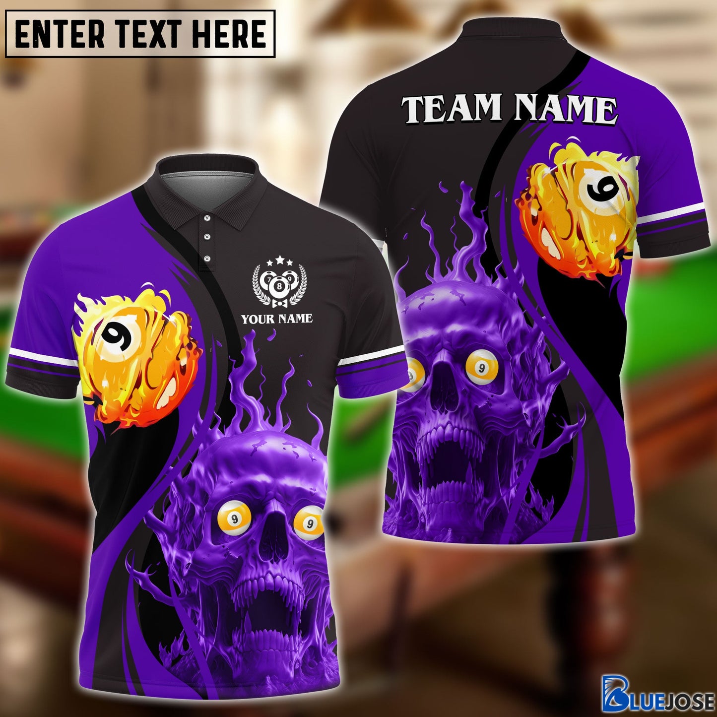 Frenzidea Billiards Skull Fire Personalized Name, Team Name Unisex Shirt