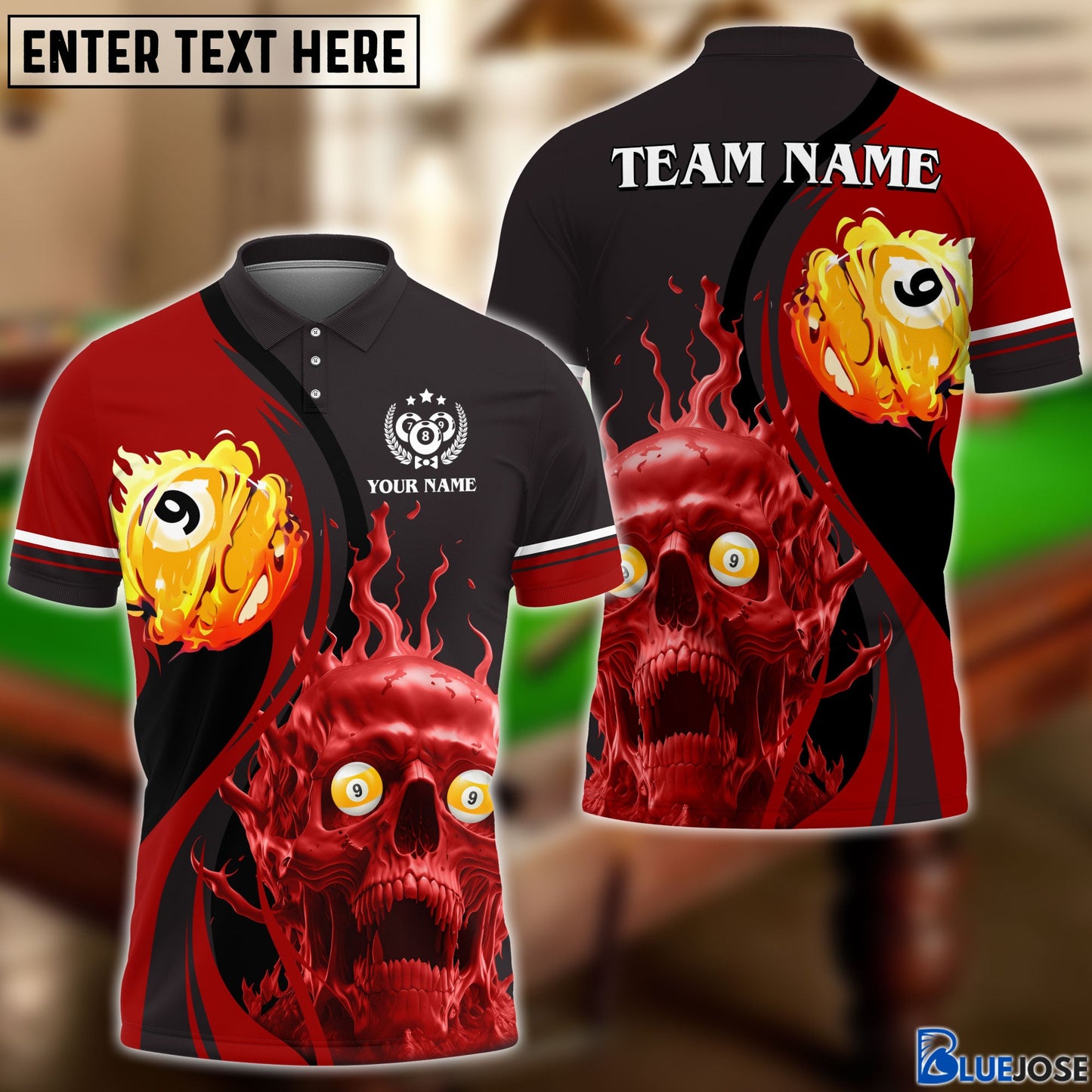 Frenzidea Billiards Skull Fire Personalized Name, Team Name Unisex Shirt
