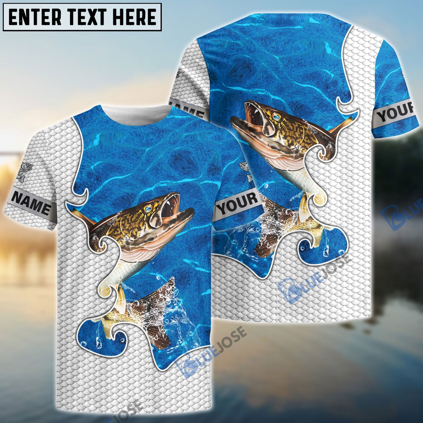 Frenzidea Customize Name Walleye Fishing Blue Water 3D Shirts