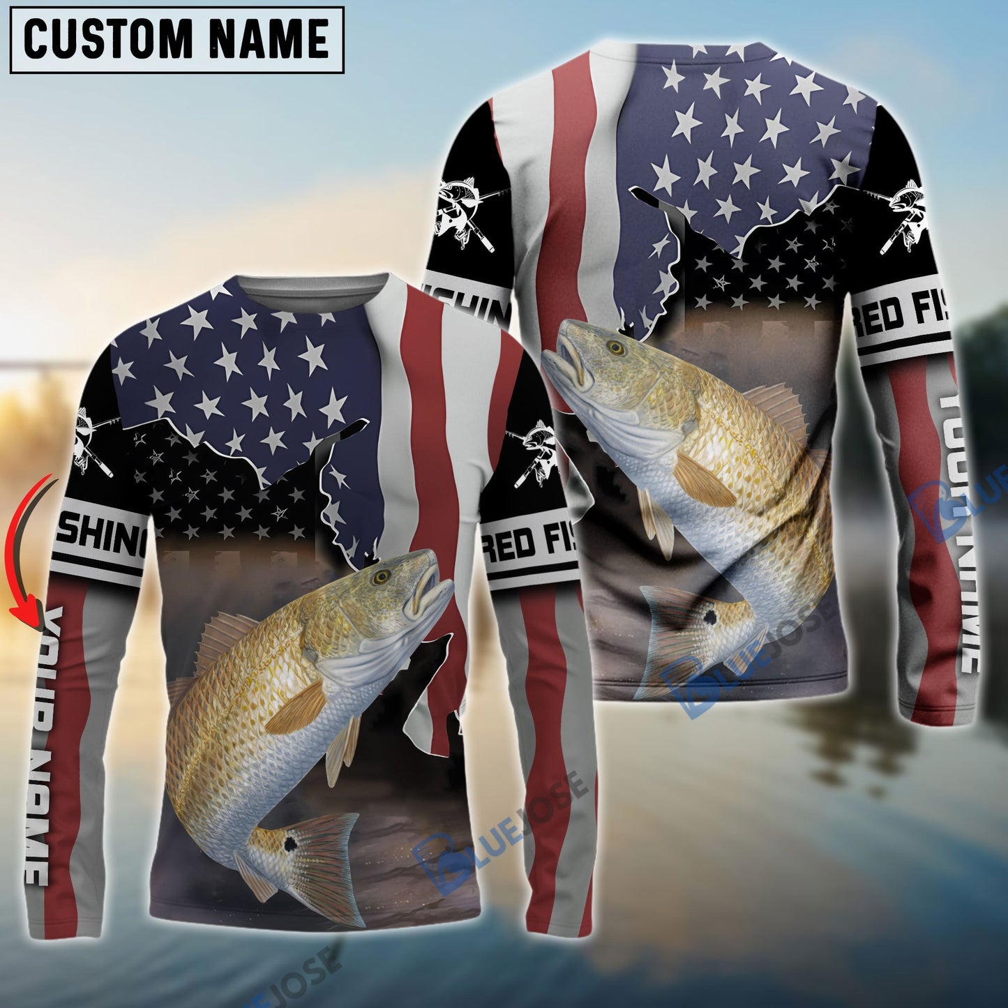 Frenzidea Redfish Fishing American Flag Fishing Long Sleeves