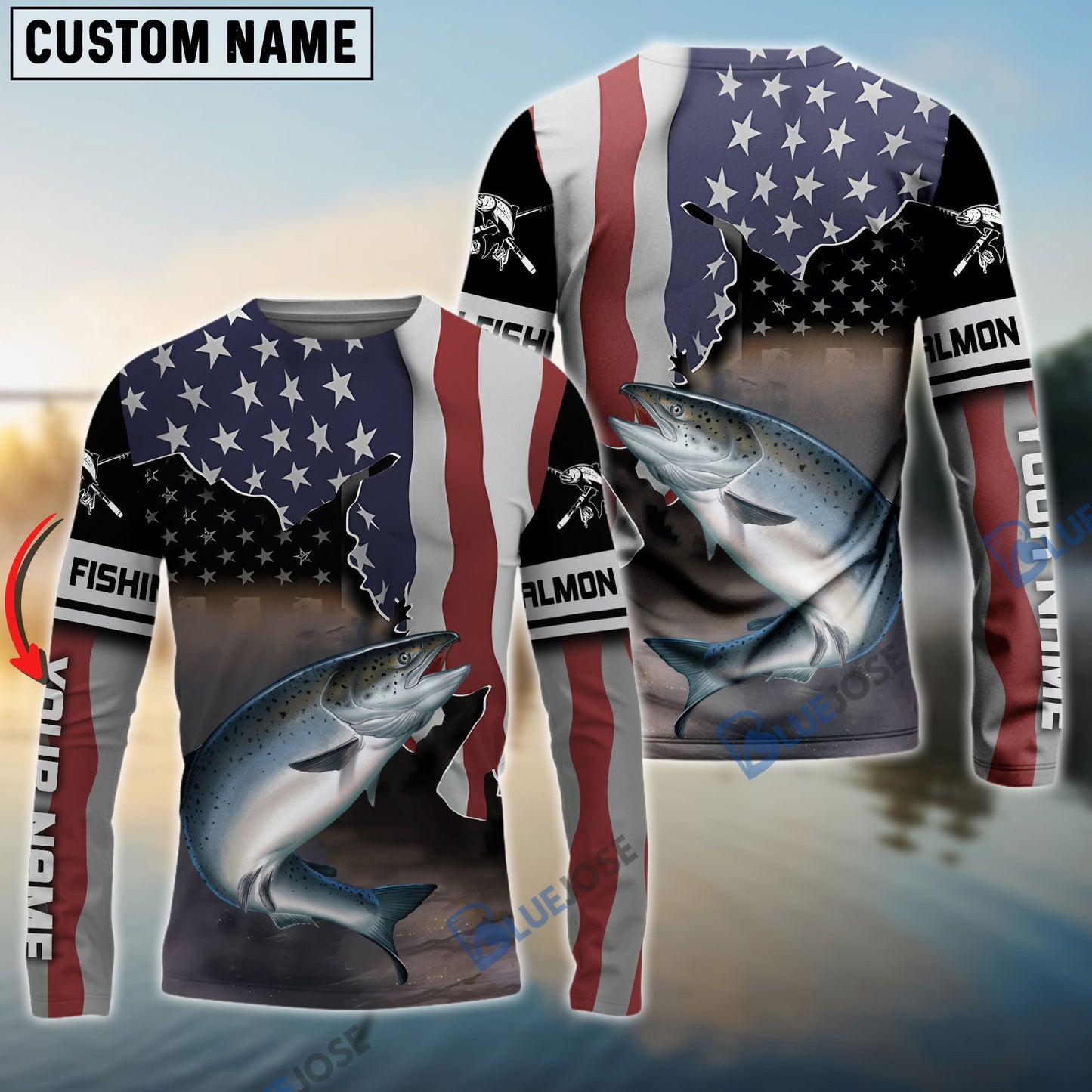 Frenzidea Salmon Fishing American Flag Fishing Long Sleeves