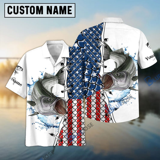 Frenzidea Striper Striped Bass Fishing American Flag Patriotic Personalized Name 3D Shirt