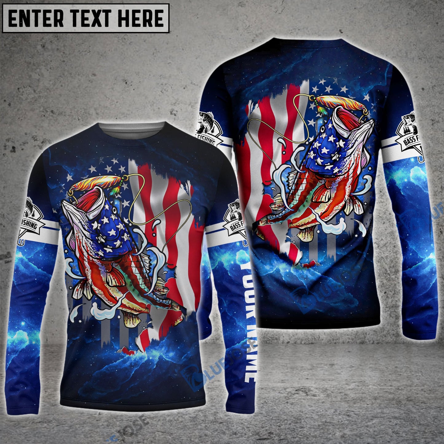 Frenzidea Bass Fishing 3D American Flag Patriotic Customize Name All Over Print Shirt