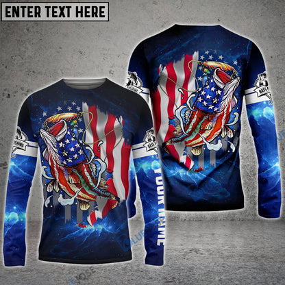 Frenzidea Bass Fishing 3D American Flag Patriotic Customize Name All Over Print Shirt