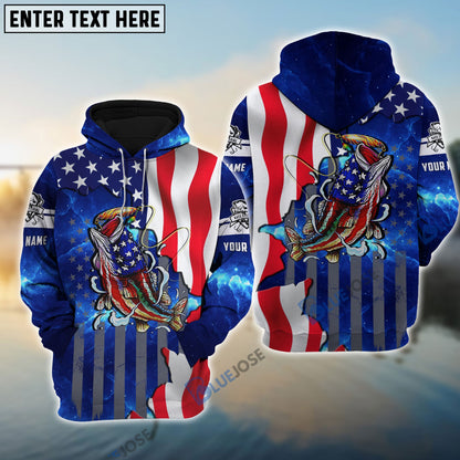 frenzidea Bass Fishing American Flag Patriotic Custom Name 3D Hoodie