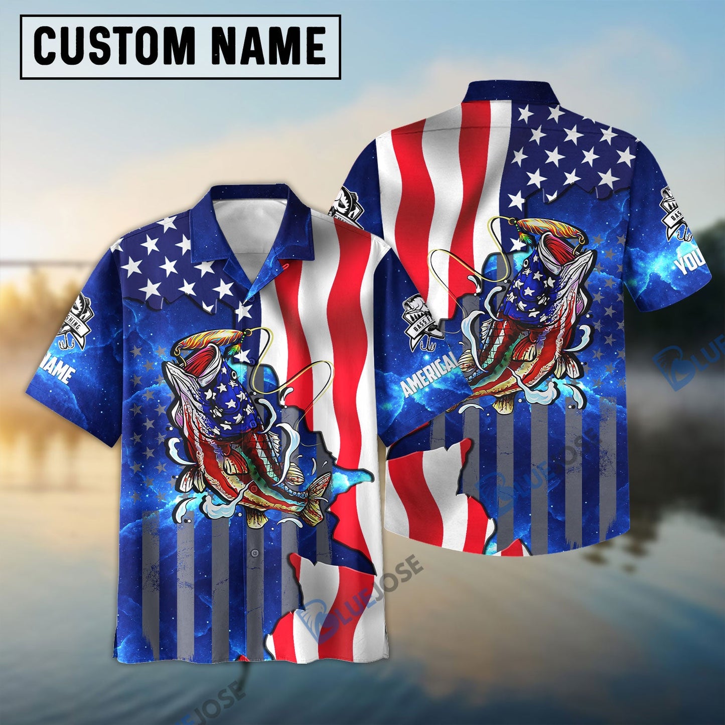 Frenzidea Bass Fishing American Flag Patriotic Custom Name 3D Shirts