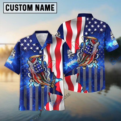 Frenzidea Bass Fishing American Flag Patriotic Custom Name 3D Shirts
