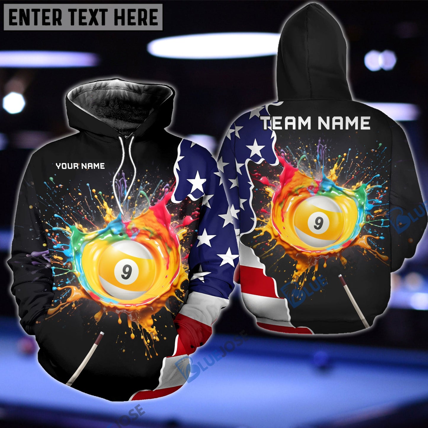 Frenzidea Billiards 9-Ball Colorful Paint USA Flag Personalized 3D Shirt