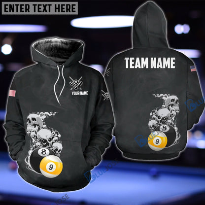 Frenzidea Billiard Skull Smoke Pattern Personalized Name, Team Name 3D Shirt