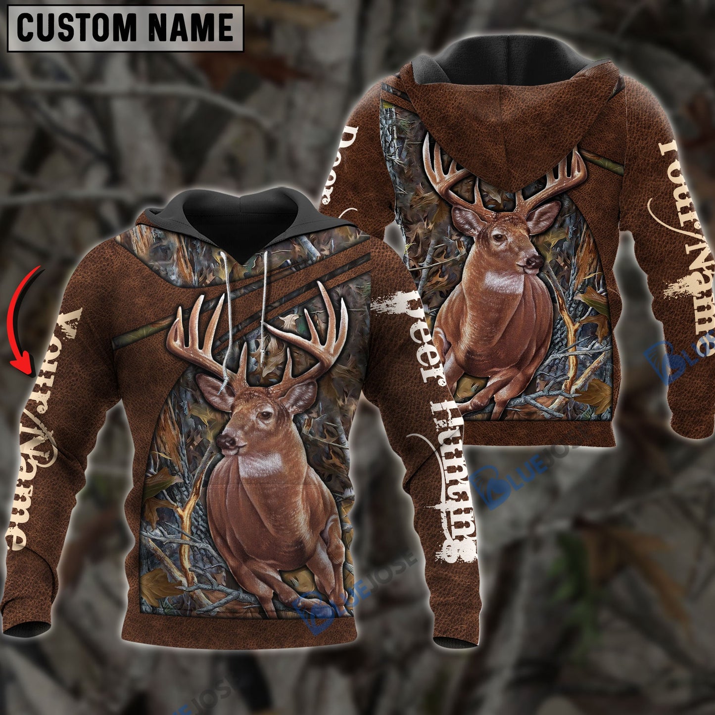 Frenzidea Personalized Name Deer Hunting Brown Leather Pattern 3D Shirts