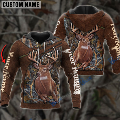 Frenzidea Personalized Name Deer Hunting Brown Leather Pattern 3D Shirts
