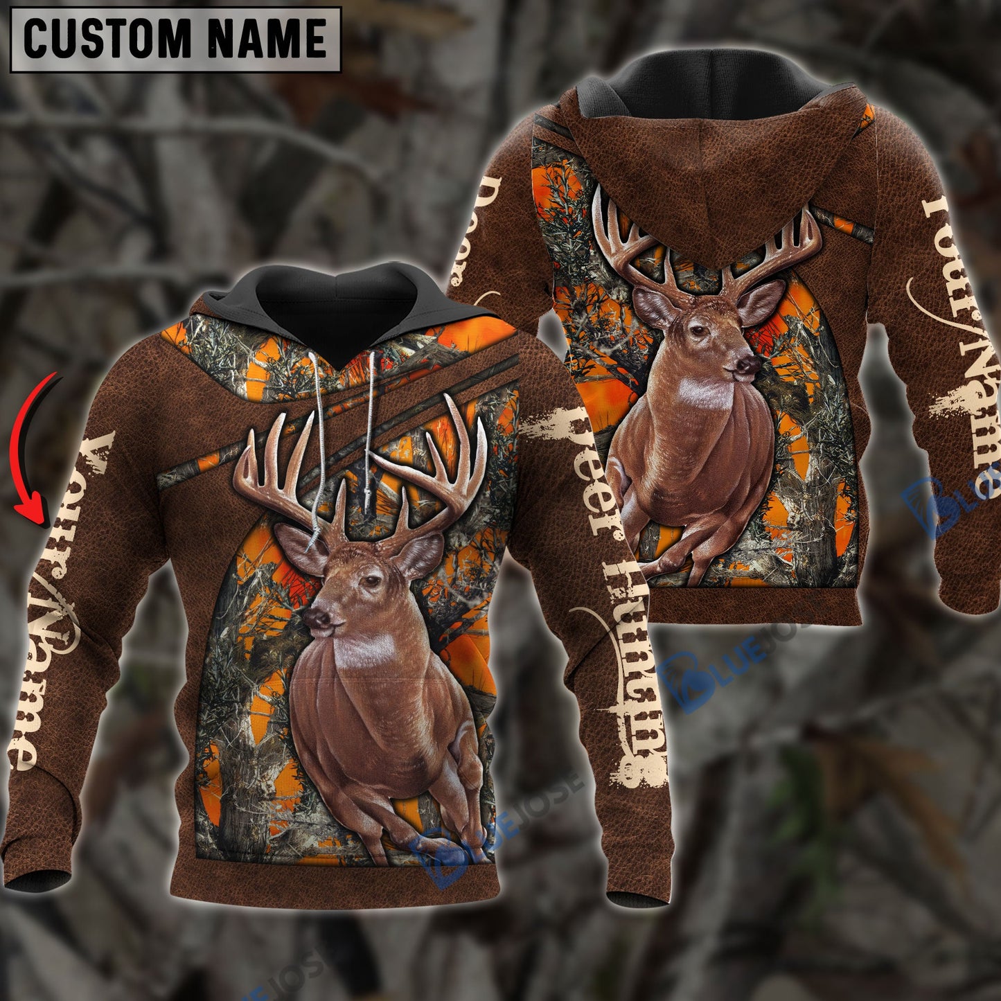 Frenzidea Personalized Name Deer Hunting Orange Leather Pattern 3D Shirts