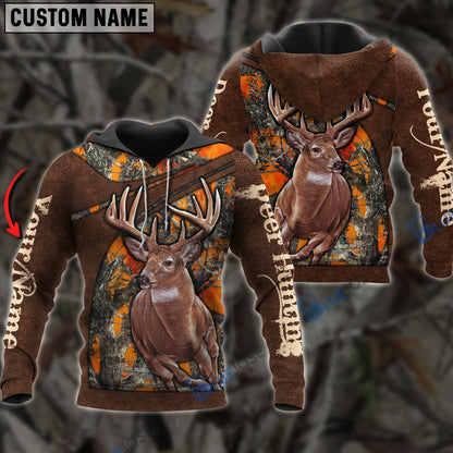 Frenzidea Personalized Name Deer Hunting Orange Leather Pattern 3D Shirts