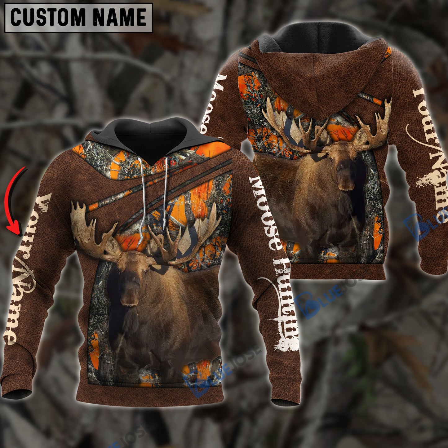 Frenzidea Personalized Name Moose Hunting Orange Leather Pattern 3D Shirts