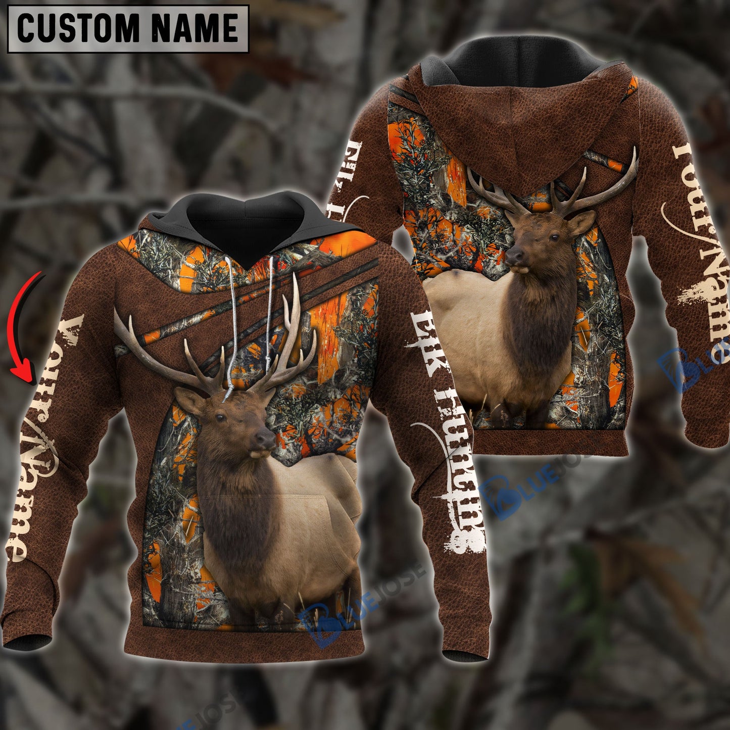 Frenzidea Personalized Name Elk Hunting Orange Leather Pattern 3D Shirts