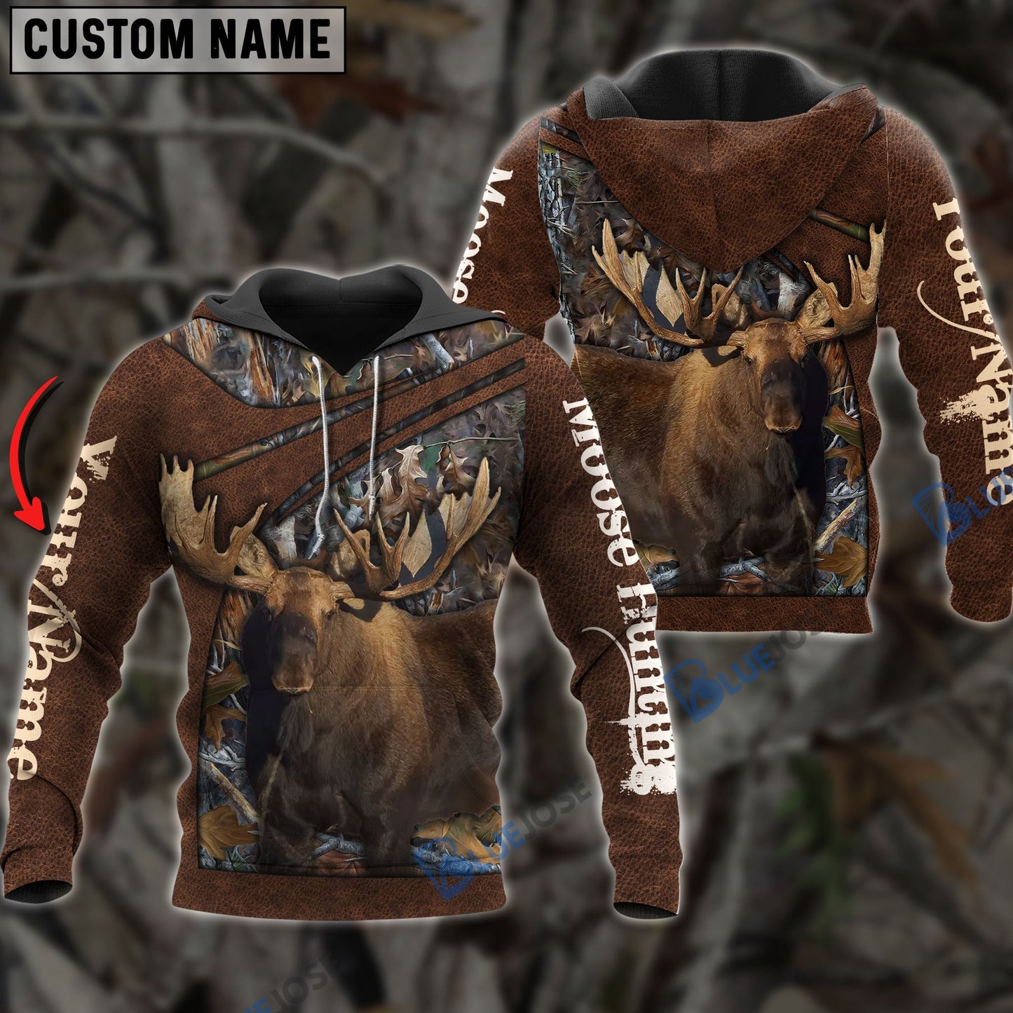 Frenzidea Personalized Name Moose Hunting Brown Leather Pattern 3D Shirts