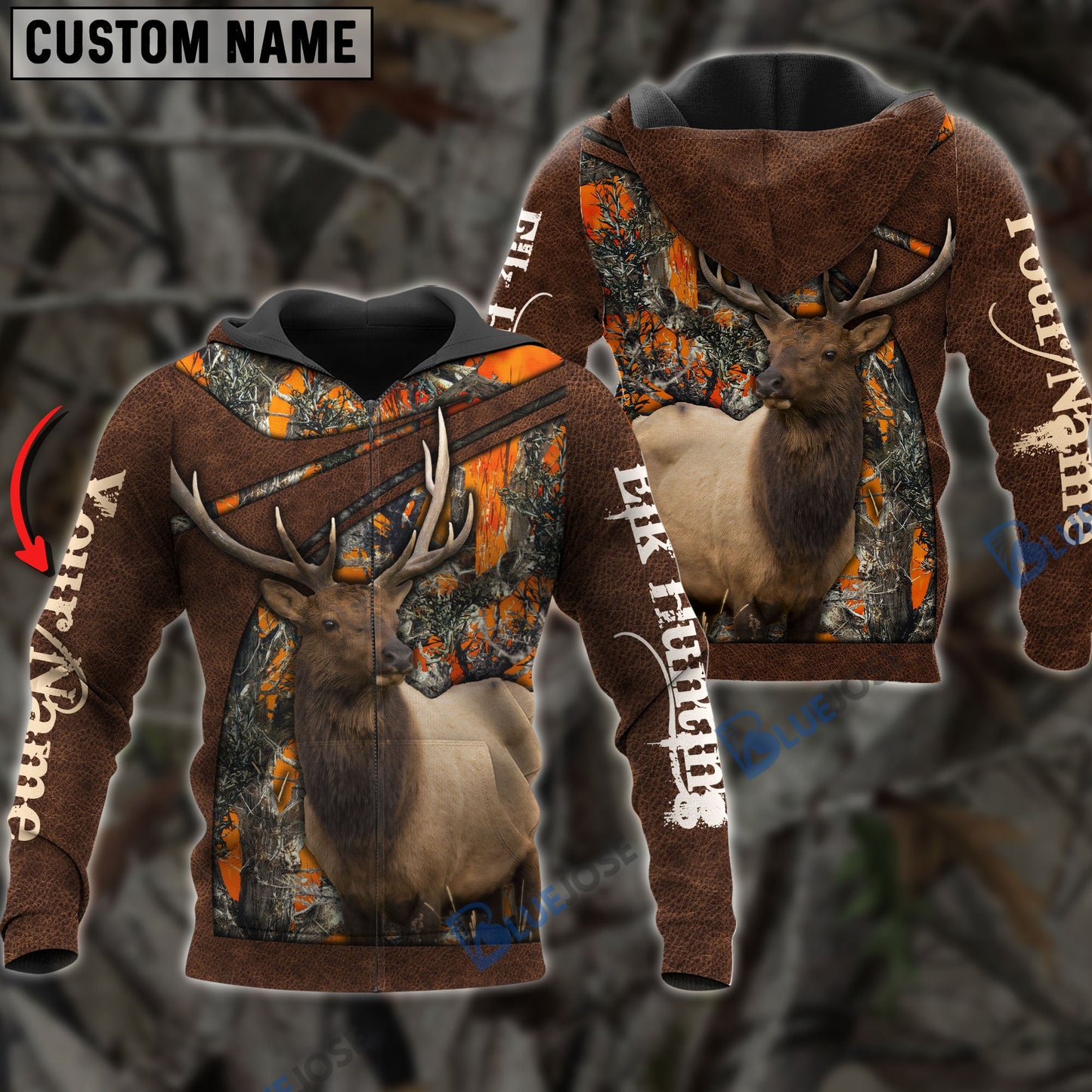 Frenzidea Personalized Name Elk Hunting Orange Leather Pattern 3D Shirts