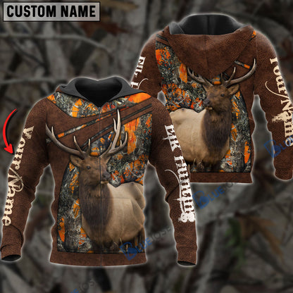 Frenzidea Personalized Name Elk Hunting Orange Leather Pattern 3D Shirts